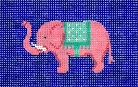 Kate Dickerson Needlepoint Collections Passport Cover Insert Pink Elephant with Turquoise Blanket on Bright Blue Needlepoint Canvas