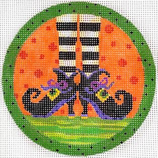 Kate Dickerson Needlepoint Collections Sally Eckman Roberts Witchs Feet with Green Dotted Border on Orange Needlepoint Canvas