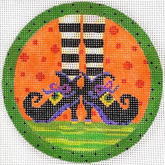 Kate Dickerson Needlepoint Collections Sally Eckman Roberts Witchs Feet with Green Dotted Border on Orange Needlepoint Canvas