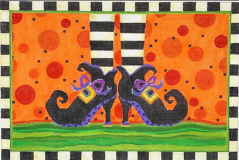 Kate Dickerson Needlepoint Collections Sally Eckman Roberts Witchs Feet with Black and White Striped Border on Orange Needlepoint Canvas