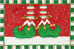 Kate Dickerson Needlepoint Collections Sally Eckman Roberts Elf's Feet on Cherry Background with Snow and Striped Border Needlepoint Canvas