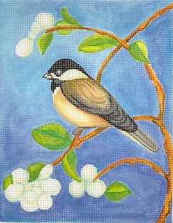 Kate Dickerson Needlepoint Collections Sarah Saltus Chickadee with Spring Blossoms Mixed Blue Needlepoint Canvas