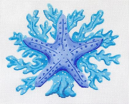 Kate Dickerson Needlepoint Collections Starfish with Coral In Blues Needlepoint Canvas