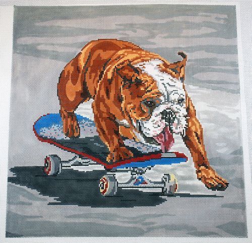 Barbara Russell Skateboarding Bulldog Needlepoint Canvas