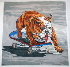 Barbara Russell Skateboarding Bulldog Needlepoint Canvas