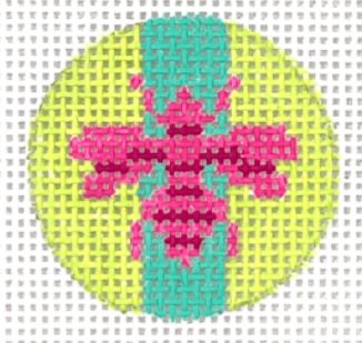 Kate Dickerson Needlepoint Collections Planet Earth Key Ring Insert Hot Pink Bee with Turquoise Stripe on Soft Lime Needlepoint Canvas