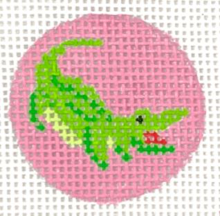 Kate Dickerson Needlepoint Collections Planet Earth Key Ring Insert Preppy Gator Greens on Pink Needlepoint Canvas