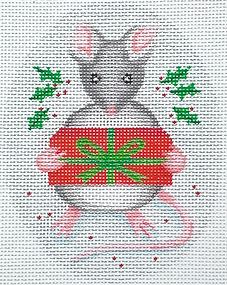 Kate Dickerson Needlepoint Collections Christmas Ornament Mouse with Gift Box and Holly on Snowy Blue Needlepoint Canvas