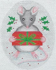 Kate Dickerson Needlepoint Collections Christmas Ornament Mouse with Gift Box and Holly on Snowy Blue Needlepoint Canvas
