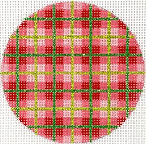 Kate Dickerson Needlepoint Collections Bright Disk Letter Christmas Plaid Red and Watermelon Gingham with Green Lime Lines Specify Letter Or Blank Needlepoint Canvas