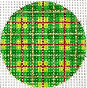 Kate Dickerson Needlepoint Collections Bright Disk Letter Christmas Plaid–Green and Lime Gingham with Red Gold Lines Specify Letter Or Blank Needlepoint Canvas