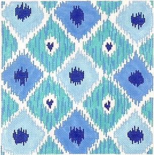 Kate Dickerson Needlepoint Collections Ikat Diamonds with Four Hearts Indigo Blues Needlepoint Canvas