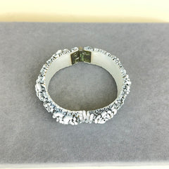 Vintage Celluloid Floral Hinged Clamper Bracelet - White with Black Wash