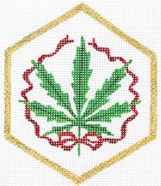 Kate Dickerson Needlepoint Collections Drake Dickerson Christmas Ornament - Weed Leaf with Red Ribbon & Gold Border Needlepoint Canvas