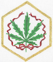 Kate Dickerson Needlepoint Collections Drake Dickerson Christmas Ornament - Weed Leaf with Red Ribbon & Gold Border Needlepoint Canvas