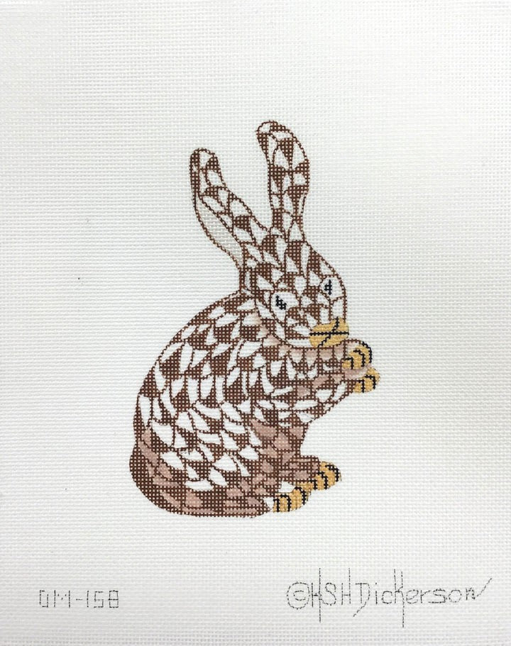 Kate Dickerson Needlepoint Collections Mini Herend-Style Standing Bunny - Brown with Gold Needlepoint Canvas