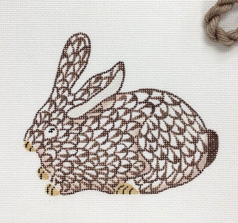 Kate Dickerson Needlepoint Collections Mini Herend-Style Crouching Bunny - Brown with Gold Needlepoint Canvas