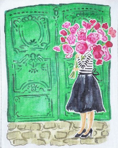 Kate Dickerson Needlepoint Collections Lindsay Brackeen Mademoiselle with Pink Flowers and Green Doors Needlepoint Canvas