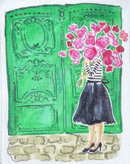 Kate Dickerson Needlepoint Collections Lindsay Brackeen Mademoiselle with Pink Flowers and Green Doors Needlepoint Canvas