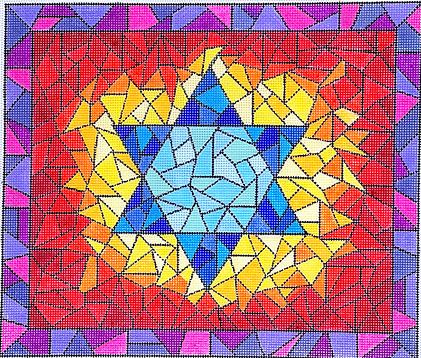 Kate Dickerson Needlepoint Collections Tallis Bag Stained Glass with Star Of David Blues Yellows Oranges Reds and Purples with Black Needlepoint Canvas