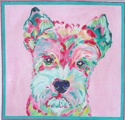 Kate Dickerson Needlepoint Collections Megan Carn Mini Schnauzer Multi on Soft Pink Needlepoint Canvas