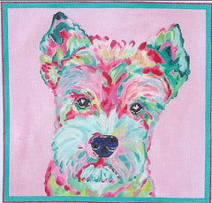 Kate Dickerson Needlepoint Collections Megan Carn Mini Schnauzer Multi on Soft Pink Needlepoint Canvas