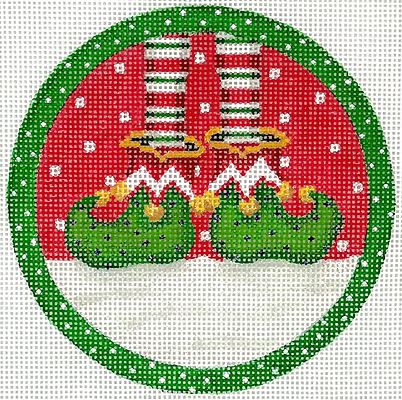 Kate Dickerson Needlepoint Collections Sally Eckman Roberts Elfs Feet with Green Dotted Border on Red with Sparkles Needlepoint Canvas