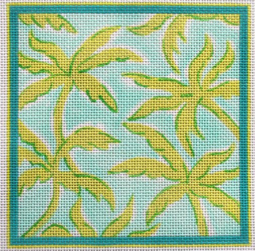 Kate Dickerson Needlepoint Collections Lilly Letter - Palms - Turquoise with Greens Needlepoint Canvas