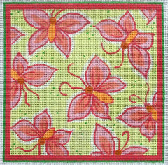 Kate Dickerson Needlepoint Collections Lilly Letter - Butterflies - Green & Pinks with Tangerine Needlepoint Canvas