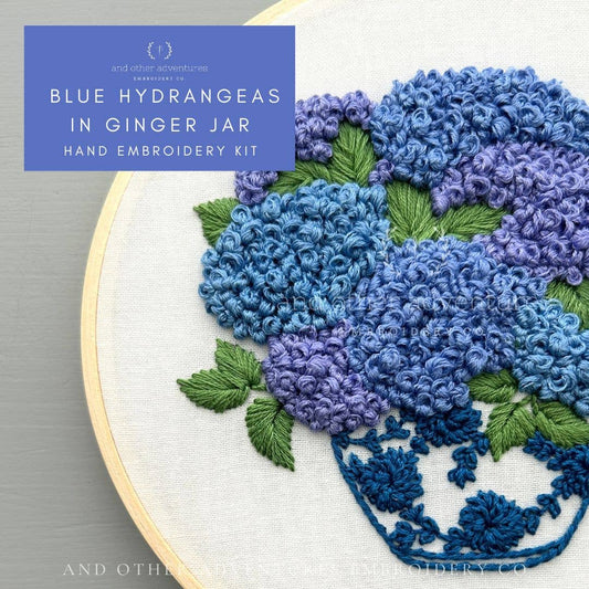 And Other Adventures Embroidery Co Blue Hydrangeas in Ginger Jar Embroidery Kit