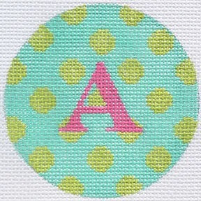 Kate Dickerson Needlepoint Collections Bright Disk Letter Turquoise with Lime Polka Dots Fuchsia Letter Specify Letter Or Blank Needlepoint Canvas