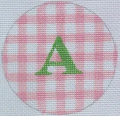 Kate Dickerson Needlepoint Collections Bright Disk Letter Light Pink Gingham Grass Green Letter Specify Letter Or Blank Needlepoint Canvas
