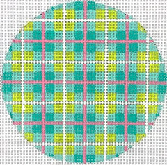 Kate Dickerson Needlepoint Collections Bright Disk Letter Madras Plaid Turquoise Lime and Watermelon with Deep Turq Letter Specify Letter Or Blank Needlepoint Canvas