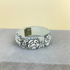Vintage Celluloid Floral Hinged Clamper Bracelet - White with Black Wash