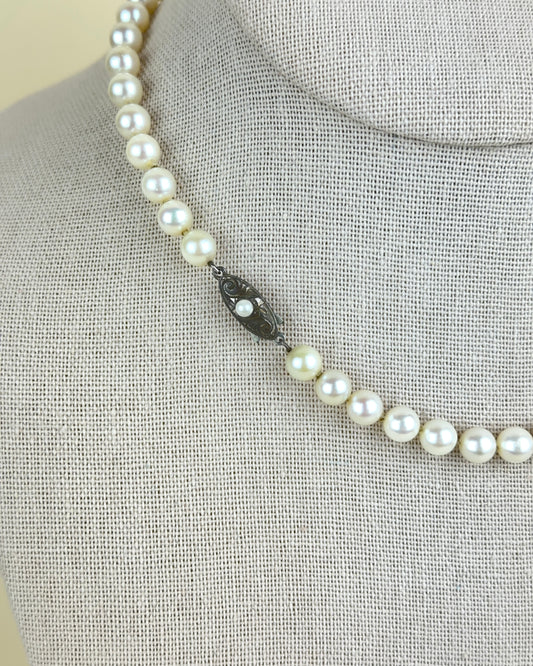 Vintage Single Strand Pearl Necklace with Sterling Silver and Pearl Clasp
