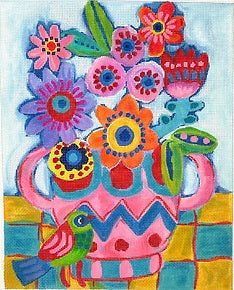 Kate Dickerson Needlepoint Collections Julia Eves Flowers In Pink and Blue Vase with Green Bird Needlepoint Canvas
