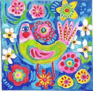 Kate Dickerson Needlepoint Collections Julia Eves Pink and Green Bird with Flowers on Blue Background Needlepoint Canvas