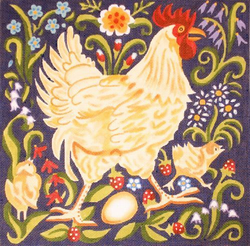The Meredith Collection Buff Rooster with Chicks Wildflowers and Leaves Needlepoint Canvas