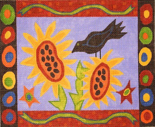 The Meredith Collection Blackbird & Sunflower Primitive with Colourfull Border Needlepoint Canvas