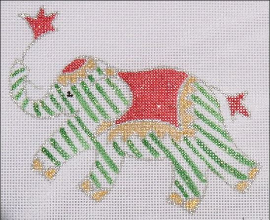 Kate Dickerson Needlepoint Collections Jilly Walsh Ornament Mini Elephant Green Stripes with Red Silver and Gold Christmas Needlepoint Canvas