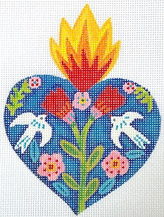 Kate Dickerson Needlepoint Collections Julia Eves Milagro Heart with Red Flowers Doves and Red Orange Flame Needlepoint Canvas