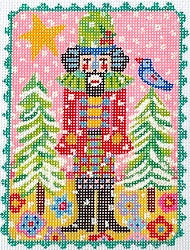 Kate Dickerson Needlepoint Collections Julia Eves Nutcracker with Trees Star and Bird on Pink Sky Needlepoint Canvas