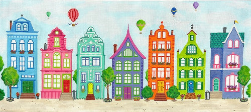 Kate Dickerson Needlepoint Collections Colorful Row Houses and Hot Air Balloons Needlepoint Canvas