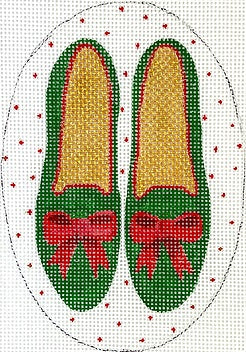 Kate Dickerson Needlepoint Collections Christmas Ornament Dark Green Velvet Shoes with Red Bows Needlepoint Canvas