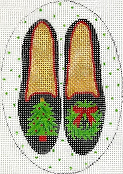 Kate Dickerson Needlepoint Collections Christmas Ornament Black Velvet Shoes with Tree and Wreath Needlepoint Canvas