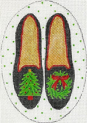 Kate Dickerson Needlepoint Collections Christmas Ornament Black Velvet Shoes with Tree and Wreath Needlepoint Canvas