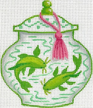 Kate Dickerson Needlepoint Collections Mini Chinese Vase Short Lime and White with Koi Fish and Pink Tassel Needlepoint Canvas