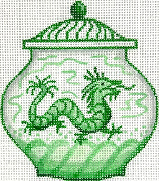 Kate Dickerson Needlepoint Collections Mini Chinese Vase Medium Green and White with Dragon and Waves Needlepoint Canvas
