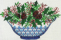 Kate Dickerson Needlepoint Collections Christmas Ornament Chinese Bowl Blue and White with Greenery Pine Cones and Red Berries Needlepoint Canvas