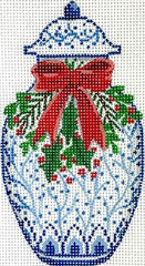 Kate Dickerson Needlepoint Collections Christmas Ornament Chinese Vase Blue and White with Red Bow Greenery and Red Berries Needlepoint Canvas